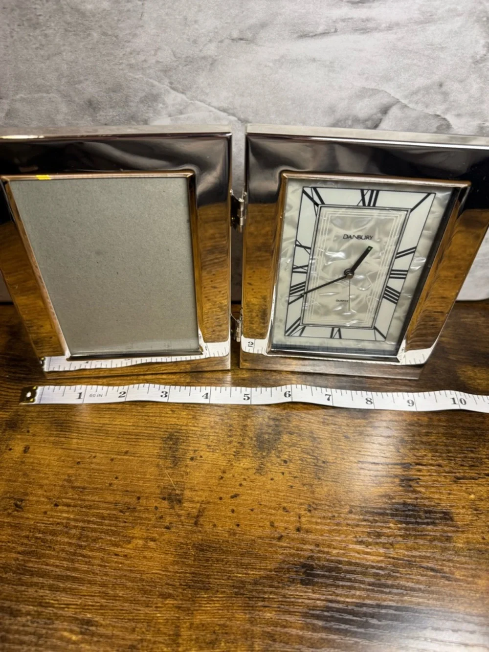 Danbury Quartz Desk Clock w Photo Frame Silver Tone Folding Frame